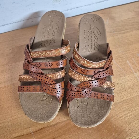 Skechers Shoes - Skechers Cali Luxe Foam Womens Tan Wedge Sandals With Strappy Laser Cut Design &